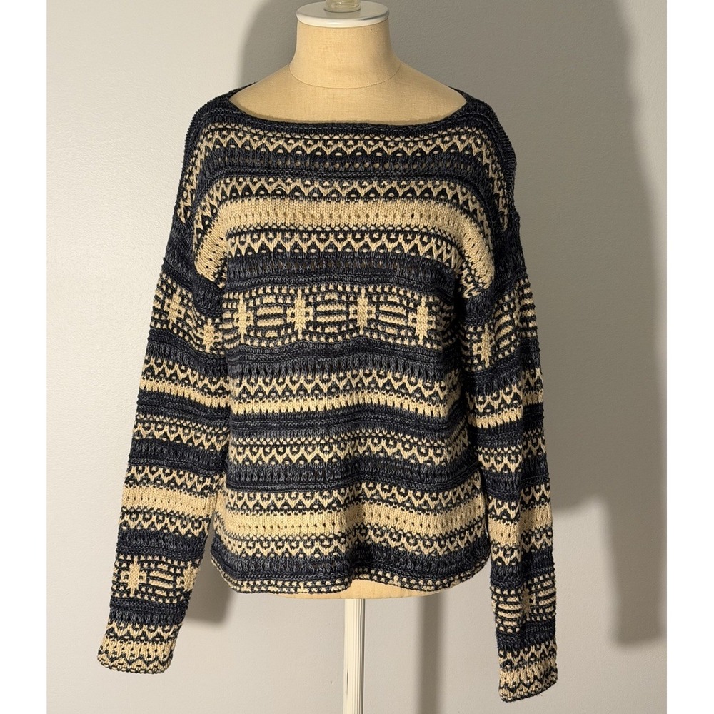 Lauren Ralph Lauren Linen Cotton Southwestern Blue Beige Sweater Western Size S